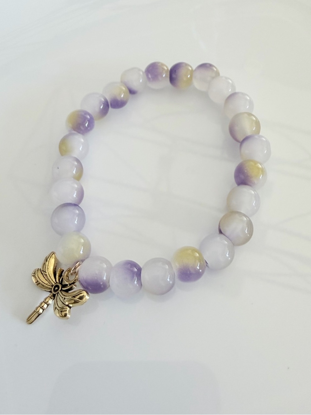 Gold Dragonfly Charm Beaded Bracelet in Purple and Cream